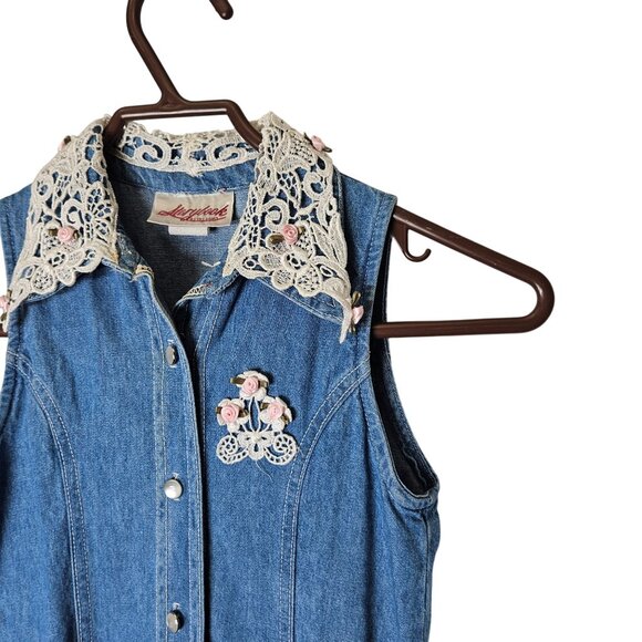 Vintage Storybook Heirloom Childs Denim Midi Dress Lace Collar Floral USA Size 8 - Picture 4 of 11